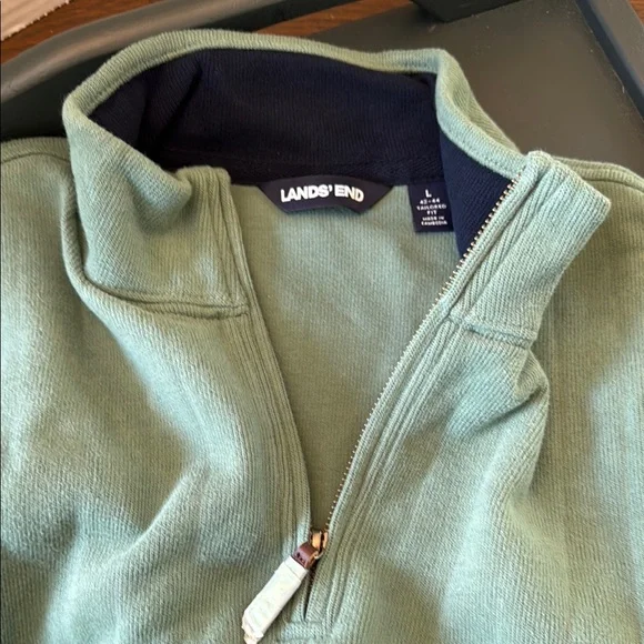 Lands' End Men's Green Quarter-Zip Cotton Pull-Over - Picture 3 of 5